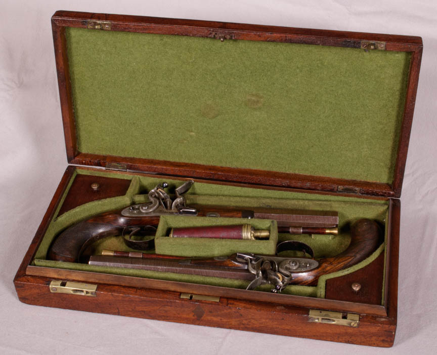 Cased Pair Flintlock Target Dueling Pistols by Collins of London