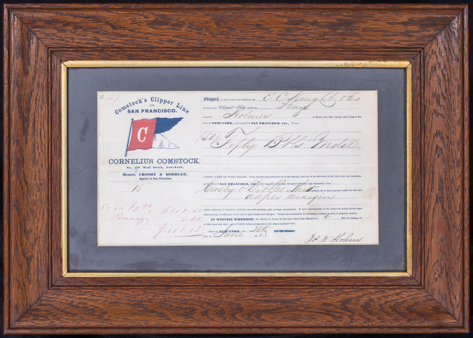Comstock Clipper Line Bill of Lading Ship HAZE