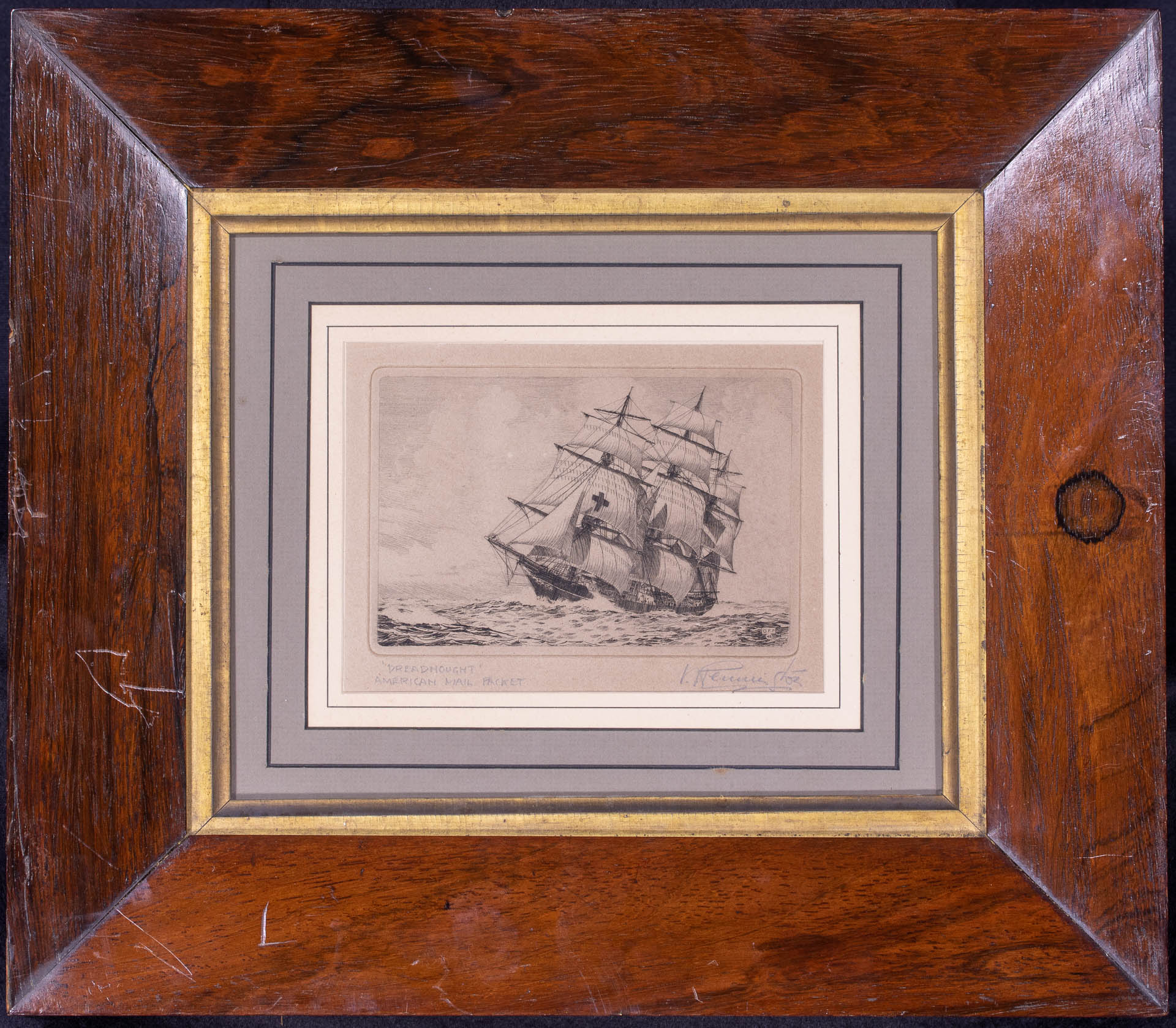 Etching of the American Mail Packet DREADNOUGHT