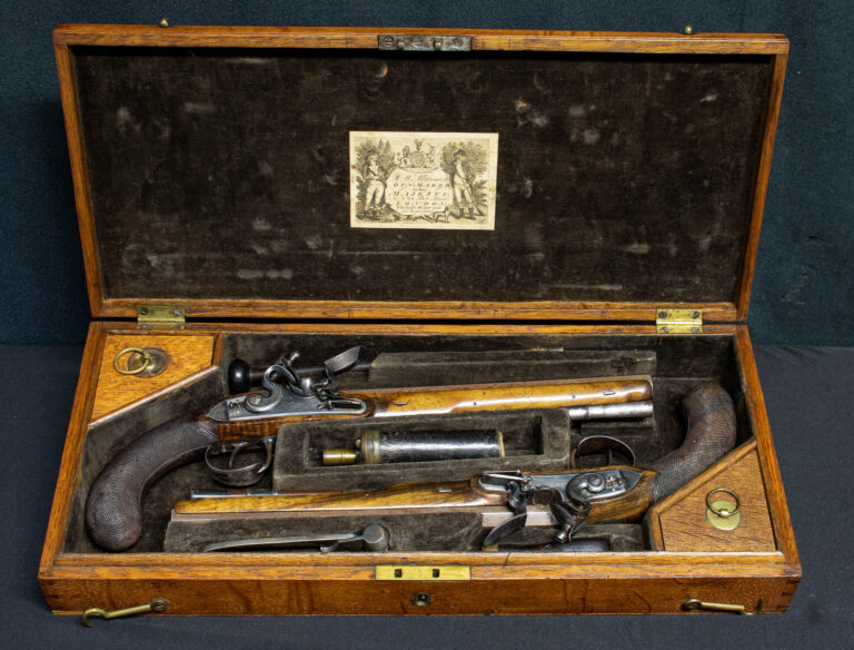 Fine 18th Century Cased Pair of Flintlock Duelling Pistols by H.W. Mortimer London