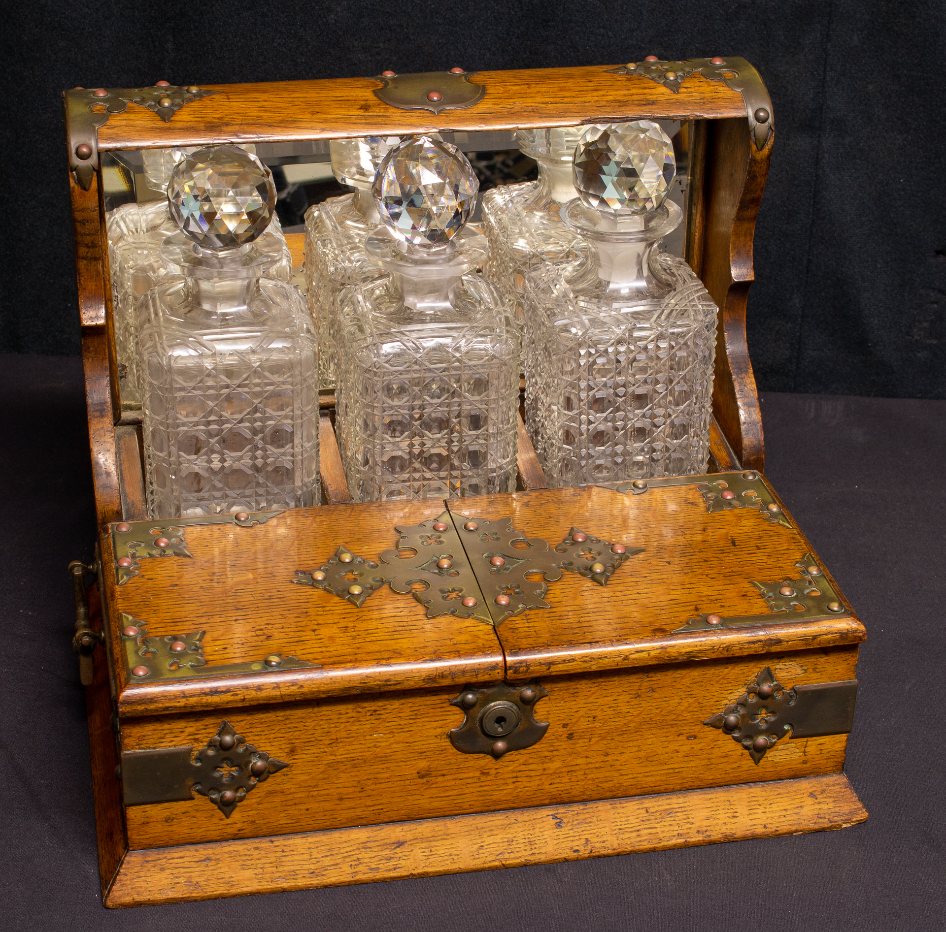 Tantalus Crystal Three Decanter Set in Brass Bound Oak Case