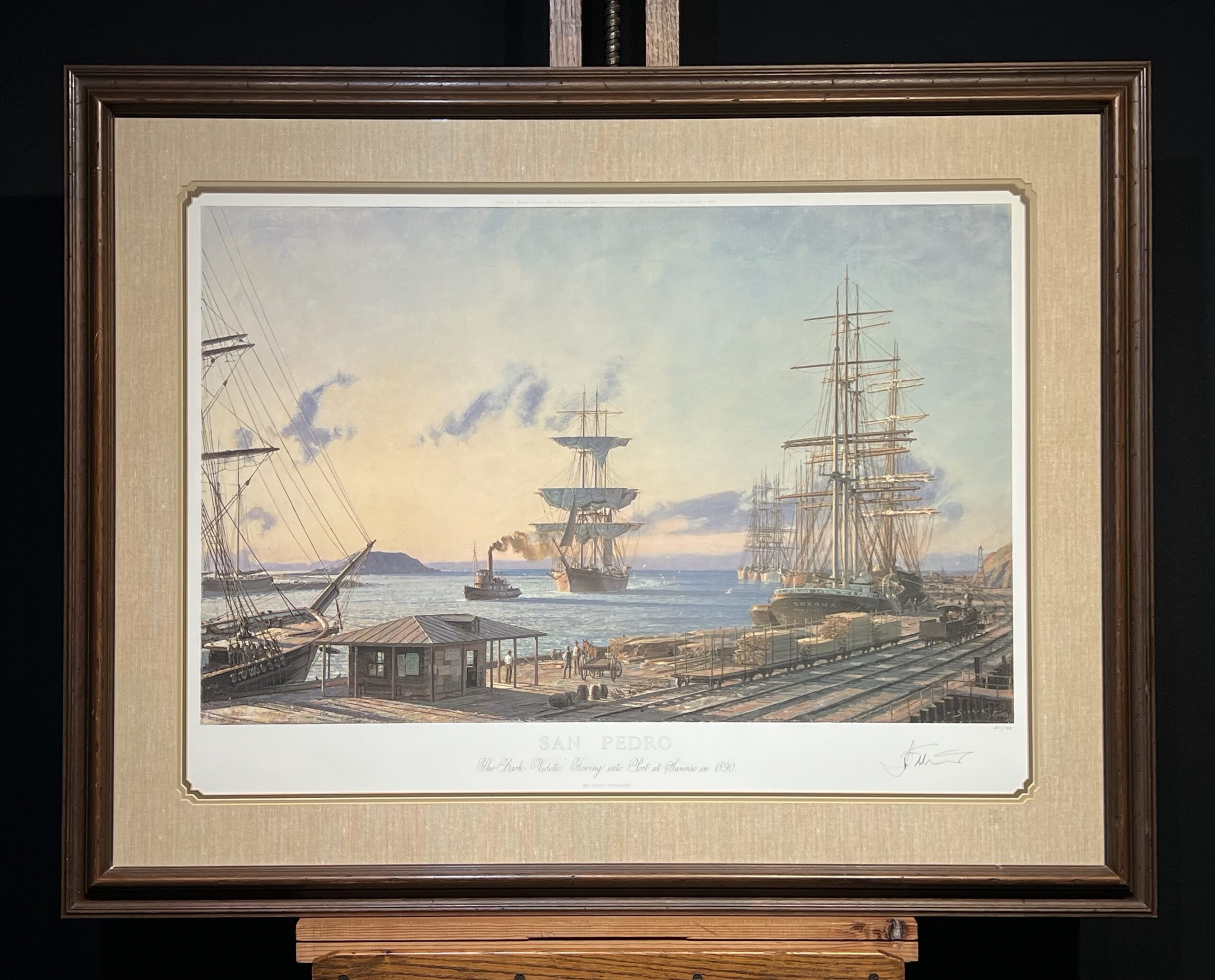 John Stobart ” The Bark Vidette Towing into Port at Sunrise”- San Pedro